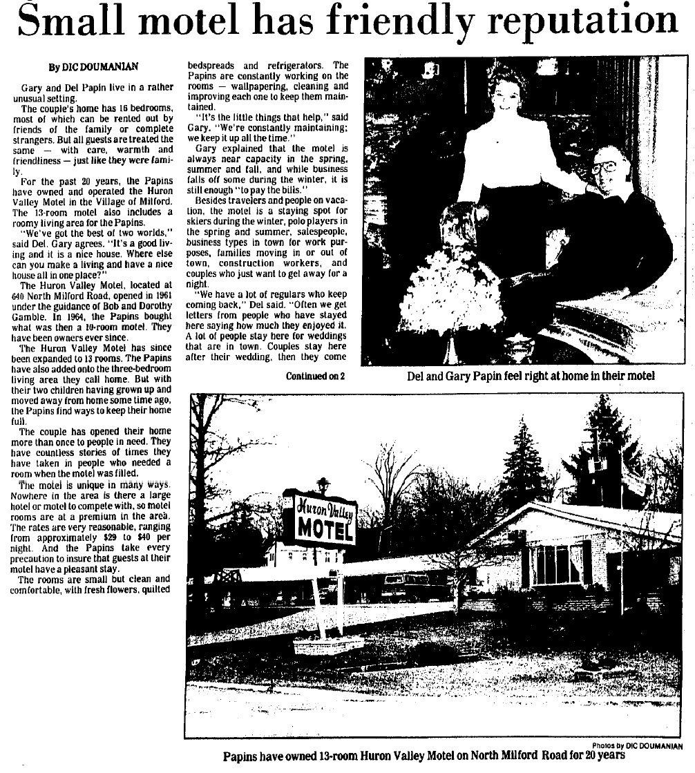 Huron Valley Motel - 1984 Article About Owners